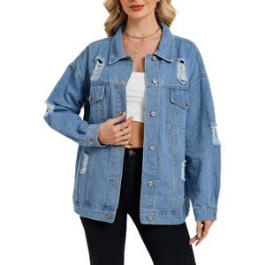 Women's Long Oversized Denim Jacket Ripped Distressed Jean Jackets Z-Blue
